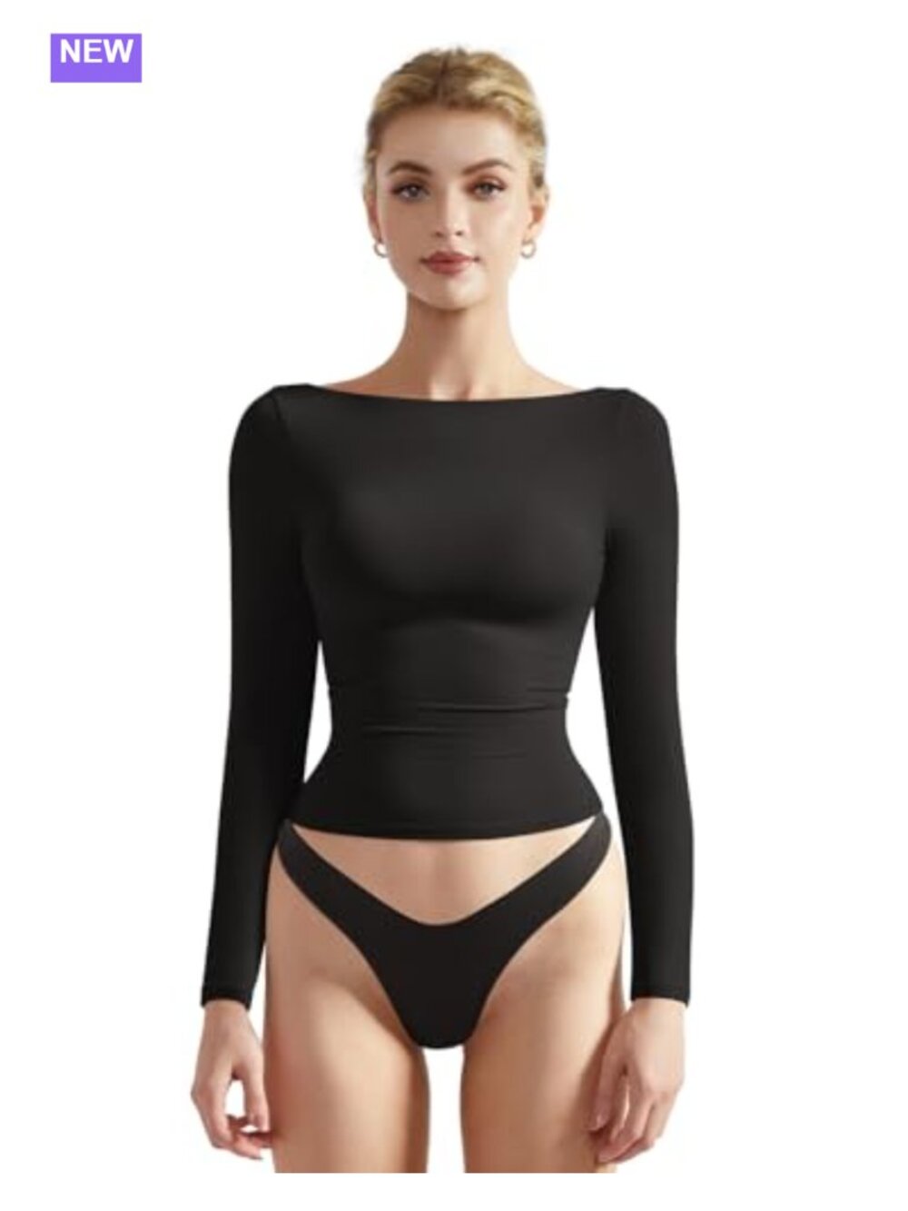 Women Long Sleeve Double Lined Fitted Crop Top Crew Neck